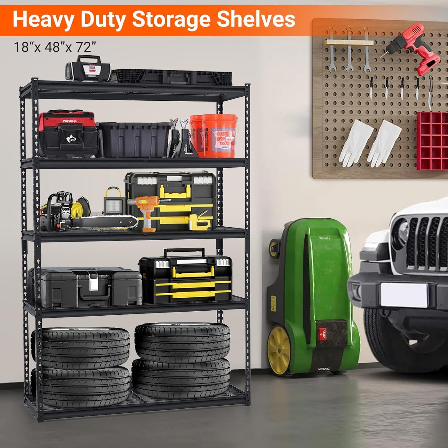 2500 LBS Storage Shelves, 5 Tier Garage Shelving, Heavy Duty, Adjustable Metal Shelving Unit, Industrial Utility Shelf Rack for Garage, Basement, Pantry, 72" H x 48" W x 18" D, Black