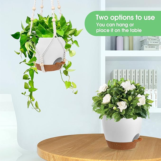 Hanging Planters for Indoor Outdoor Plants, 2 Pack Self Watering Hanging Pot with Drainage Holes, Removable Tray & 2 Kinds of Plant Hangers, 8'' Hanging Flower Pots for Home Garden Decor, White