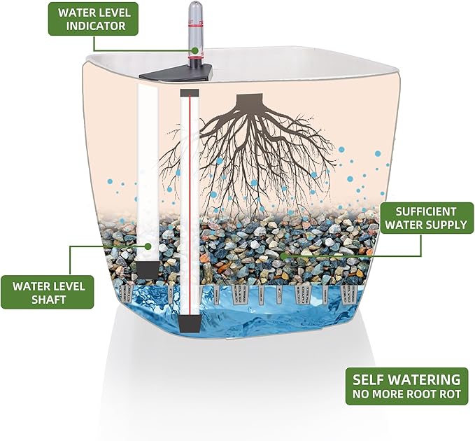 Dexceder 9x8 Self Watering Planter Indoor Outdoor, Inner Mat Design, Thickened Table Flower Plant Pot with Water Level Indicator (Ivory White Rattan)