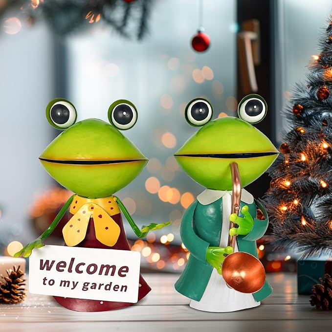HONGLAND Metal Frog Garden Decor - Metal Frog Outdoor Statue -Outdoor Garden Decorations - 3D Frog Figurines - Christmas Holiday Lawn Patio Yard Fairy Garden Decor (with Welcome)