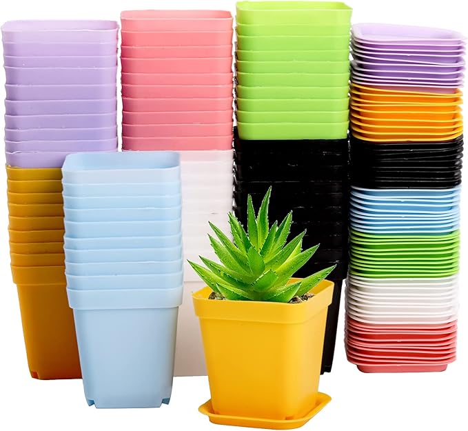 Hedume 70 Pack Mini Plastic Flower Seedling Nursery Pot with Pallet, 3" Colorful Square Plant Pot, Indoor Outdoor Flower Plant Container, Decor for Room, Garden, Office and Balcony (7 Colors)