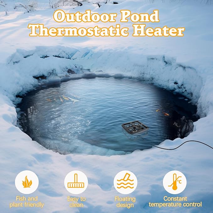 Aobiono Pond Heater De Icer, Winter Thermo Climate Floating Survival Solution for Outdoor Fish Pond Koi, Thermostat Control for Water Stock Tank Livestock Bird Bath Pet, 12 ft Cord (1500W)