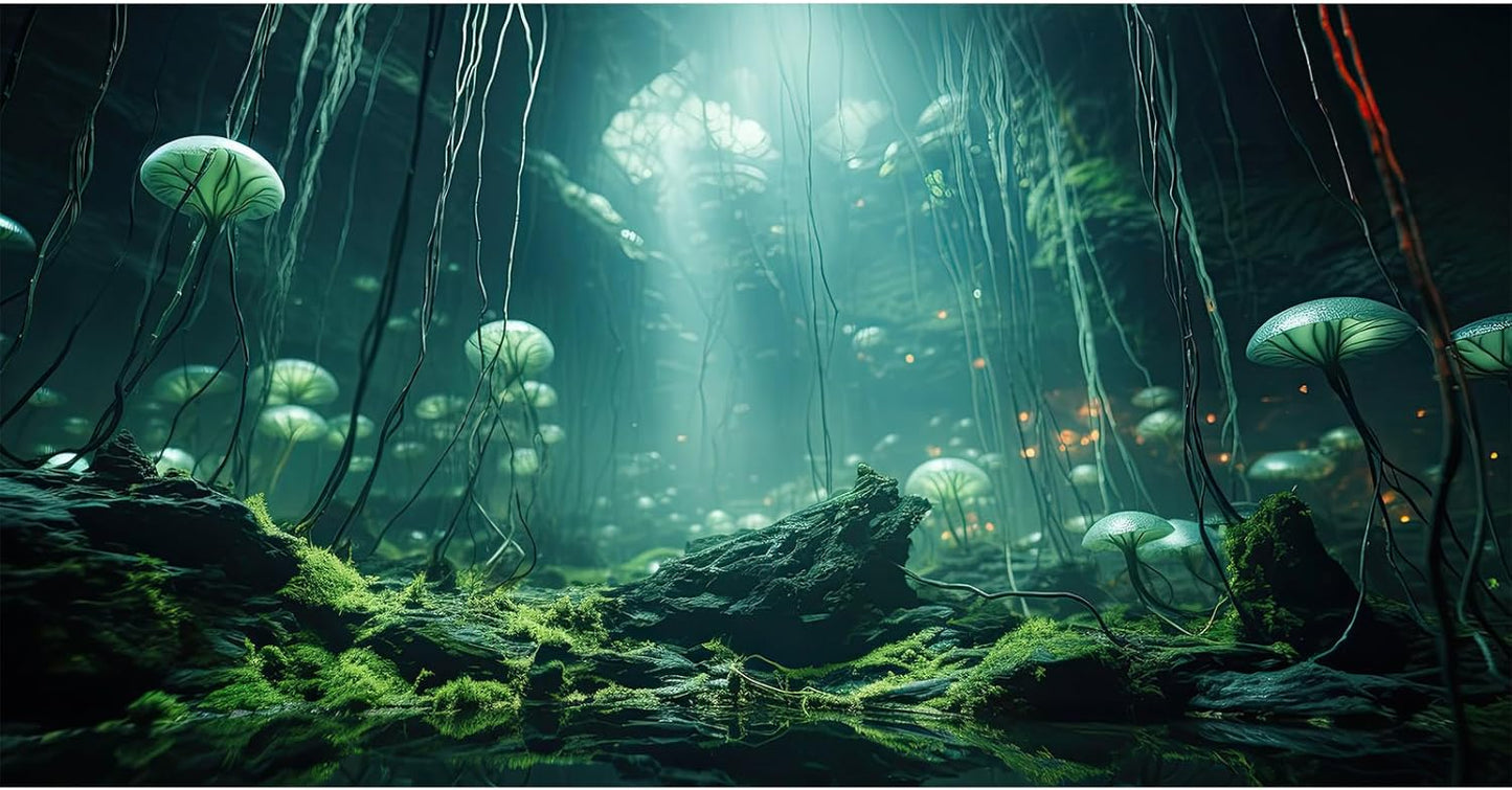 Aquarium Background Foggy Stone Mushroom Green Moss Fish Tank Background Mysterious Green Seaweed Scenery Aquarium Backgrounds White Mushroom Reptile Tank Enclosure Backgrounds Wallpaper 36x24in