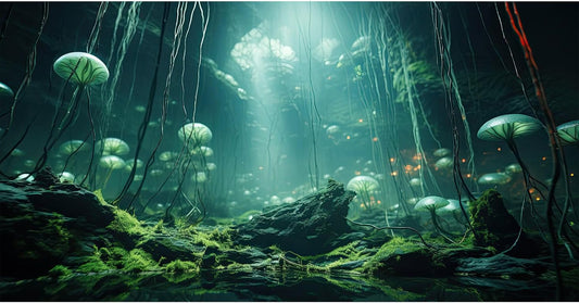 Aquarium Background Foggy Stone Mushroom Green Moss Fish Tank Background Mysterious Green Seaweed Scenery Aquarium Backgrounds White Mushroom Reptile Tank Enclosure Backgrounds Wallpaper 36x24in