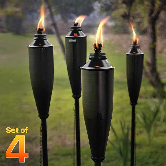 Deco Home Pack of 4 Metal Garden Torches - Citronella for Outdoor Ambiance - Decorative and Functional Citronella Torches for Patio, Lawn, and Backyard - Black