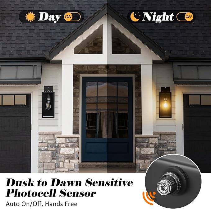 16-inch Dusk to Dawn Outdoor Wall Light Fixture, Large Black Exterior Wall Lantern Waterproof, Farmhouse Porch Sconce Lighting, Modern Wall-Mounted Outside Lights for House Garage, Patio Lamp, 2 Packs