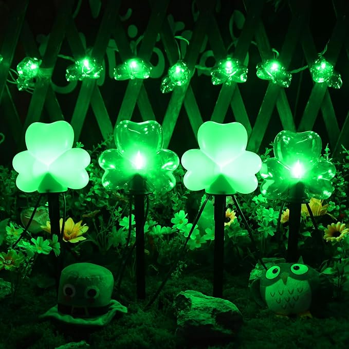 2*4 Pack LED St. Patricks Shamrock Pathway Lights for St. Patricks Day Decorations, Green Lucky Clover Pathway Stake Lights Outdoor Waterproof, UL Certified for Lawn Yard Walkway Irish Decor, Plug In