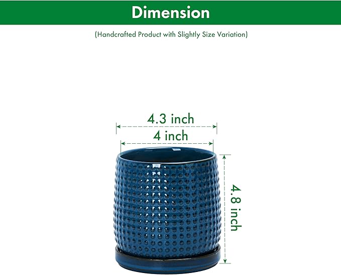 D'vine Dev 4 Inch Ceramic Beaded Stoneware Planter Pot - Flower Pot with Drainage Holes and Saucers for Indoor Succulent Plants or Flowers, Midnight Blue, 27-C-Z-3