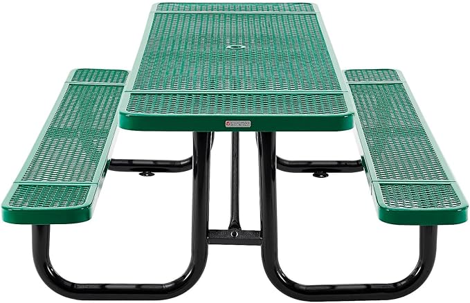 Global Industrial 8’L Rectangular Picnic Table, Expanded Metal, Green Thermoplastic Coating, Attached Benches, 1-1/2” Umbrella Pole Hole, Outdoor-Rated, 1000 lb Capacity, 96” x 30” Tabletop