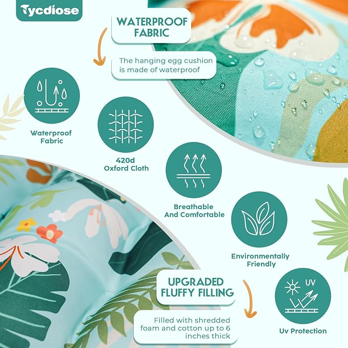Egg Chair Cushion Replacement, Waterproof Outdoor Hanging Egg Swing Chair Cushions Pads, U-Shaped Thickened Cushions for Hanging Eggs Chair with Ties, 47x33x7 Inches (Cyan Floral Leaf)