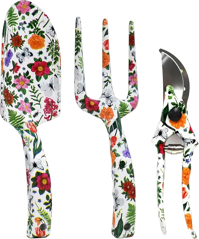 Garden Tool Set, 4 PCS Heavy Gardening Kit Heavy Duty Floral Hand Tools, Fancy Gifts for Women, Including Trowel, Sharp Pruner, Hand Rake, and Mat (White Set)