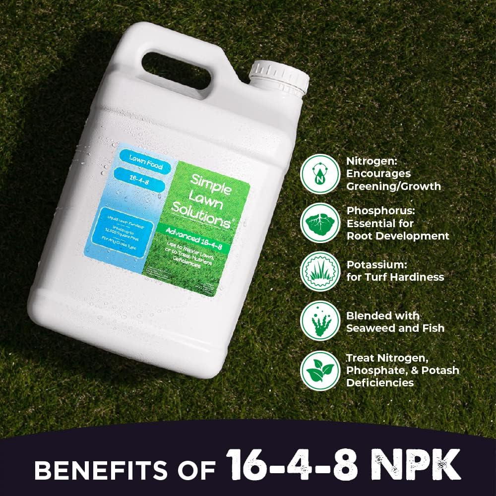 Advanced 16-4-8 Lawn Fertilizer - Liquid Lawn Food Spring & Summer Concentrated Spray - Any Grass Type- Fish and Seaweed Kelp- Balanced NPK - Simple Lawn Solutions (2.5 Gallons)