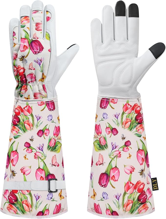 DLY Gardening Gloves for Women, Rose Gloves Gardening Thorn Proof, Long Garden Gloves for Women, Breathable Cowhide Leather Gauntlet(X-Large,White)