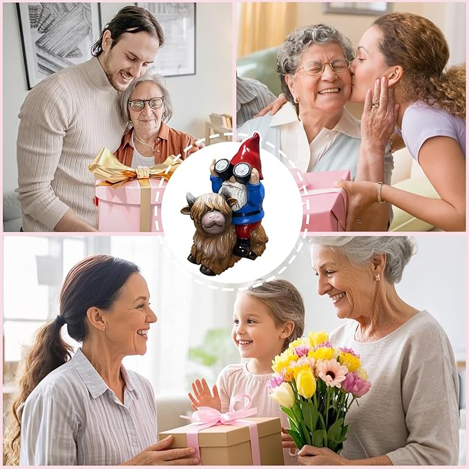 Gnome Garden Statue Solar Lights Outdoor Binoculars on Highland Cow,Birthday Gifts for Women/Men, Housewarming Gifts,Outdoor Decor for Balcony,Garden,Patio,Yard,Lawn(Cow Gnome)