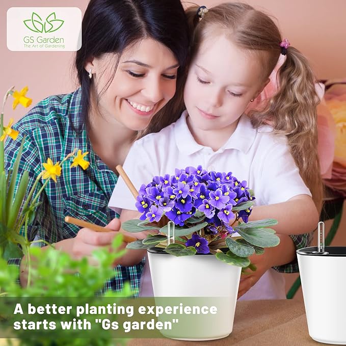 7 inch Plant Pots 6-Pack, Self Watering Flower Pots Indoor Outdoor, African Violet Pots Planters with Drainage Hole Saucer Reservoir, White