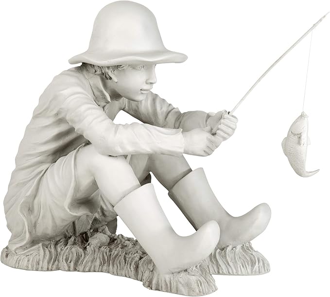 Design Toscano Gone Fishing Fisherman Boy Garden Statue, 17 Inch Tall, Cast Stone Resin, Two Tone Stone Finish