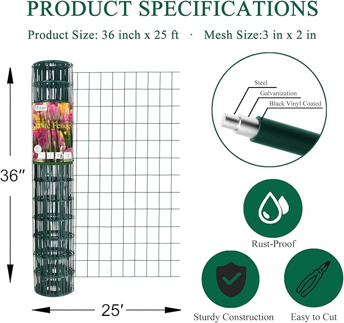 Green PVC Coated Welded Wire Fence 36 Inch x 25 Foot, 2 Inch x 3 Inch 16GA, Garden Border Fencing Roll Vinyl Coating Metal Wire Mesh for Yard Vegetable Plant Protection Poultry Netting