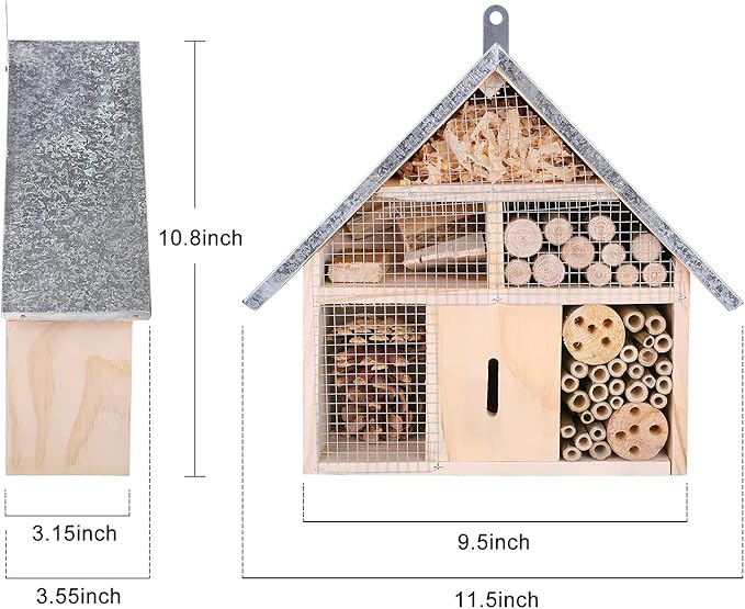 antiai Wooden Mason Insect Bee Butterfly House,Insect Hotel,an Outdoor Hanging Bamboo Habitat for Ladybugs Live,Bee Box,Butterfly Habitat for Garden,12.4 x 12 x 3.9 Inch