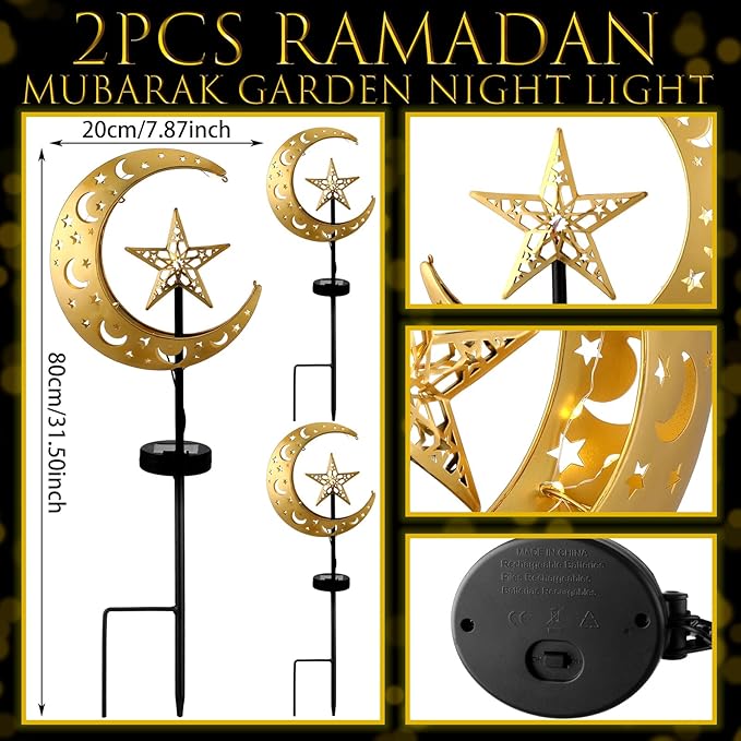 2 Pcs Ramadan Solar Lights Ramadan Decorations Outdoor Mubarak Star Moon Solar Stakes Lights Waterproof for Eid Decorations Outdoor Garden Walkway Lawn Patio Yard(Star)