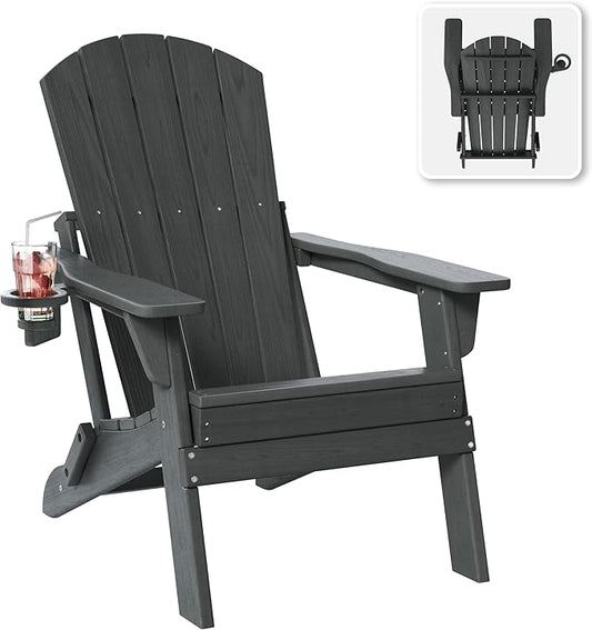 Folding Adirondack Chair with Cup Holder, HDPE All Weather Resistant Plastic Outdoor Patio Chairs, Heavy Duty Fire Pit Seating for Backyard Lawn Garden, Wooden Textured Design(Gray)