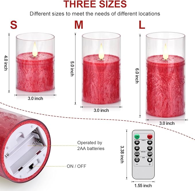 Flameless Flickering Remote Control Candle, Glass Pillar Candle,3 Pack (D:3"×H:4" 5" 6") LED 3D Flame Romantic Candle,Battery Operated Real Wax, Ideal for Wedding, Home Decor Holiday (Red)