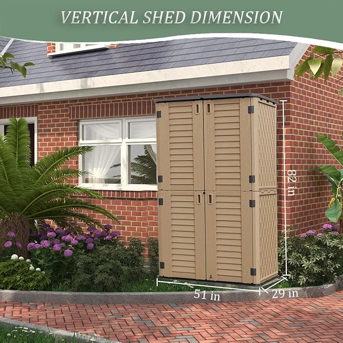 HOMSPARK Storage Shed Weather Resistance, Multi-Purpose Outdoor Storage Cabinet for Backyards and Patios, Horizontal Storage Shed for Lawnmower, Patio Accessories (Coffee, Tall - 53 cu.ft)
