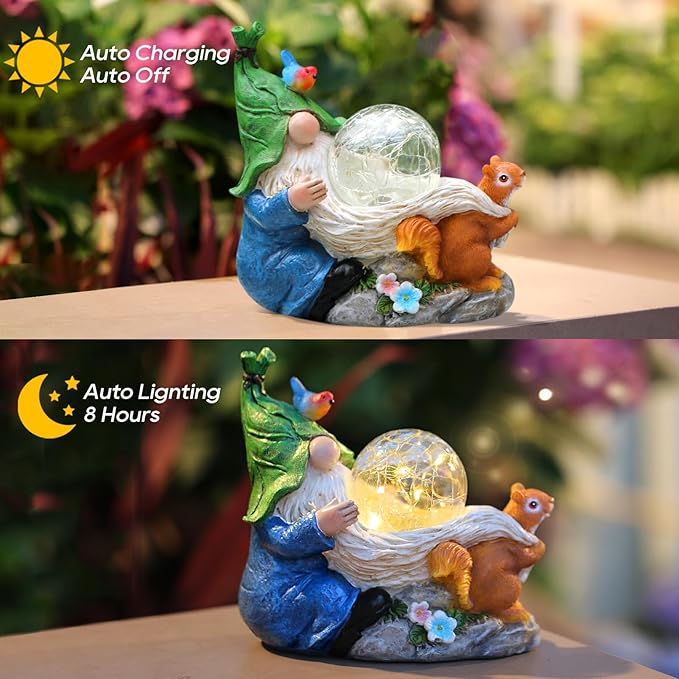 Garden Gnomes Statue Outdoor Decor,Solar Gnome Statue for Outside -Resin Blue Gnome Yard Art Gifts for Mom,Grandmam Birthday Gift