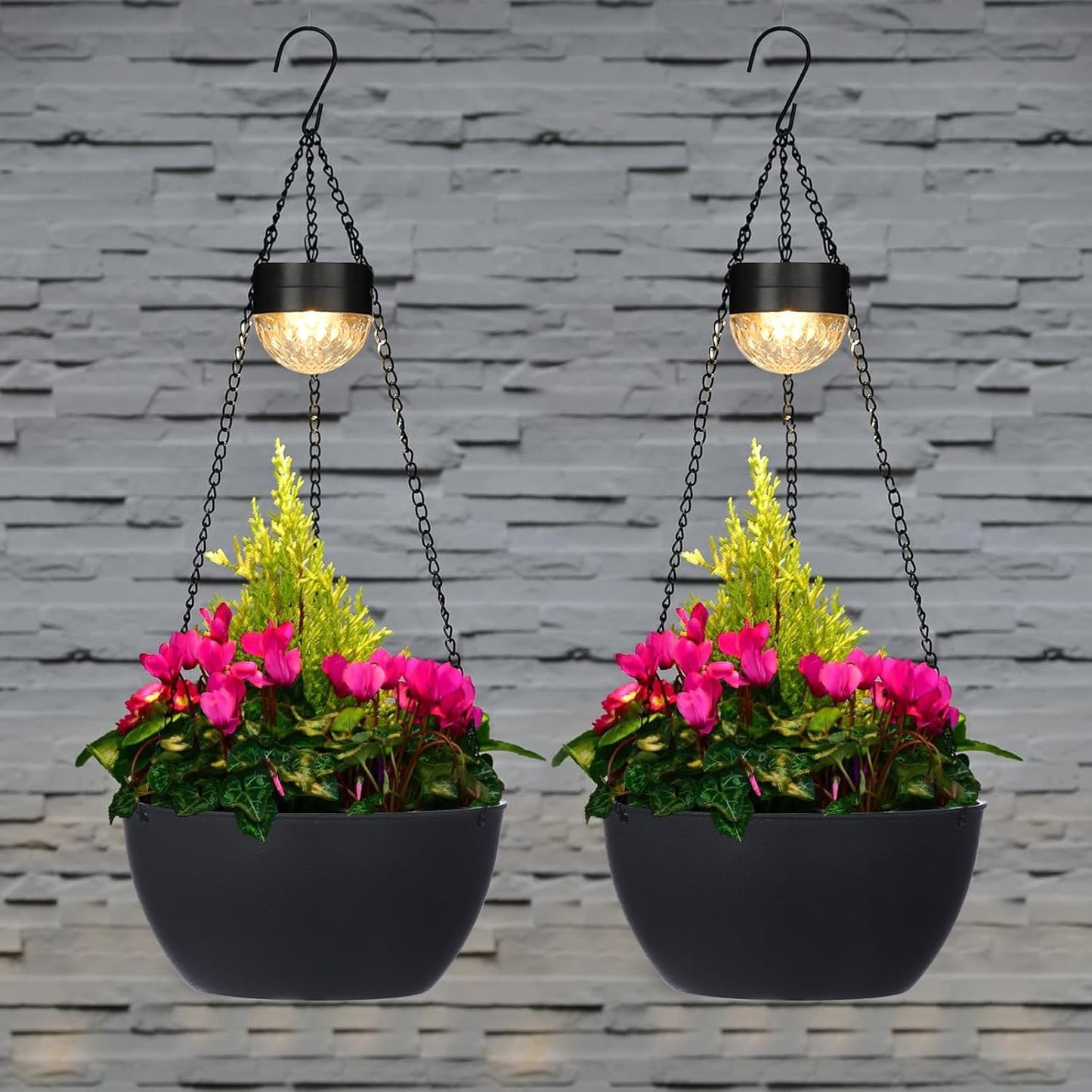 2 Packs Solar Hanging Basket Planters for Plants Outdoor, Self Watering Black Flower Plants Pots with Solar Light Drainer for Balcony Patio Garden Outdoor Decoration