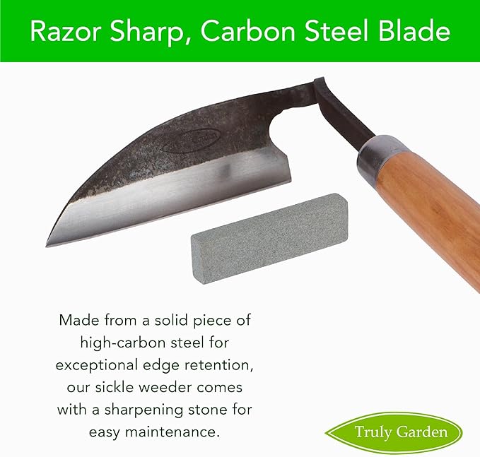 Effortless Weeding: Sharp Sickle Cuts Roots, Saves Time - with Thick Leather Sheath & Sharpening Stone