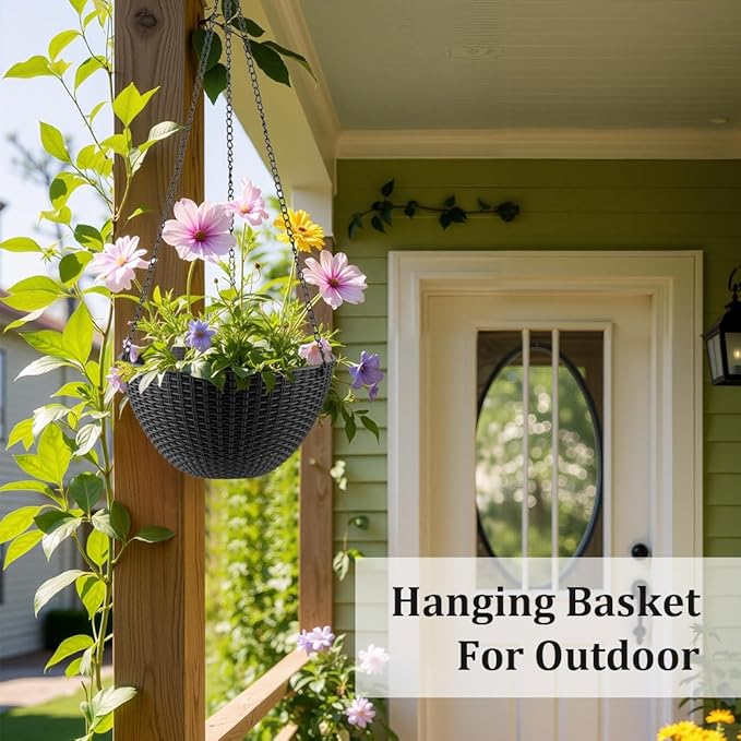 Hanging Planters for Indoor Outdoor Plants 8/10 Inch, 4 Packs Plant Hanger with Drainage Holes, Hanging Basket Flower Pot Perfect for Home, Office and Garden, Black