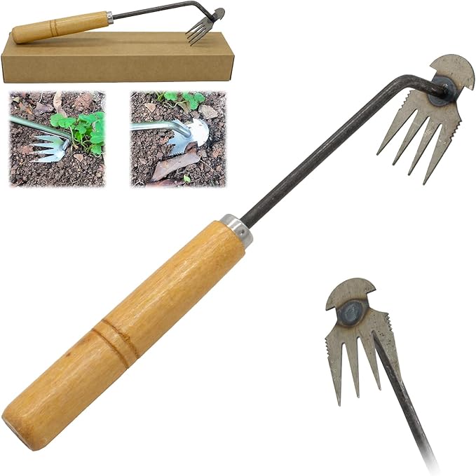 Amposei Weeding Artifact Uprooting Weeding Tool, Multifunctional Weeder, Hand Weeder Tool, Stand Up Weed Puller Tool with Handle for Garden Yard Farm Weed Removal (11in, Wood Handle-A)
