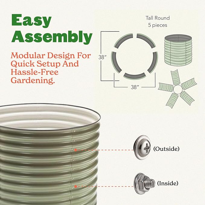 Epic Gardening 5-in-1 Modular Galvanized Raised Garden Bed Kit, 15" Tall Metal Planter Box, Durable Aluzinc Steel Raised Garden Bed Outdoor for Vegetables, Herbs, Flowers & Fruits - Round - Mist Green