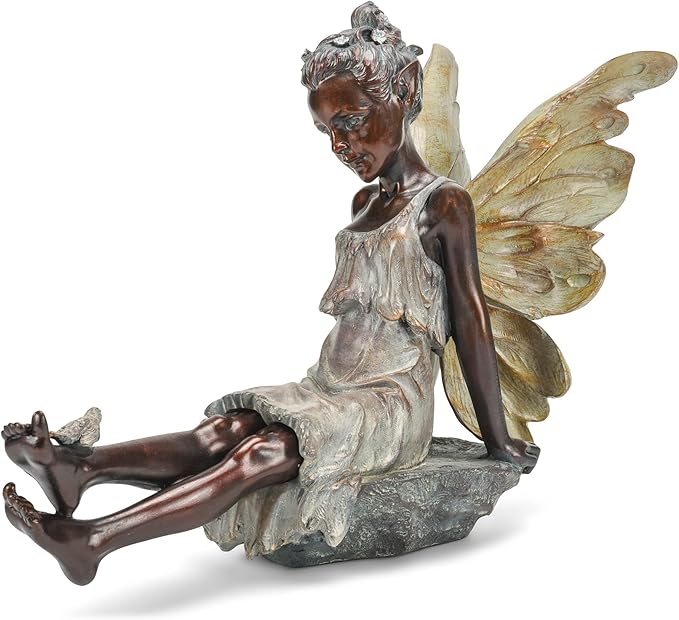 Fairy with Bird Bronze Tone 12.5 x 18 Inch Resin Stone Outdoor Garden Statue