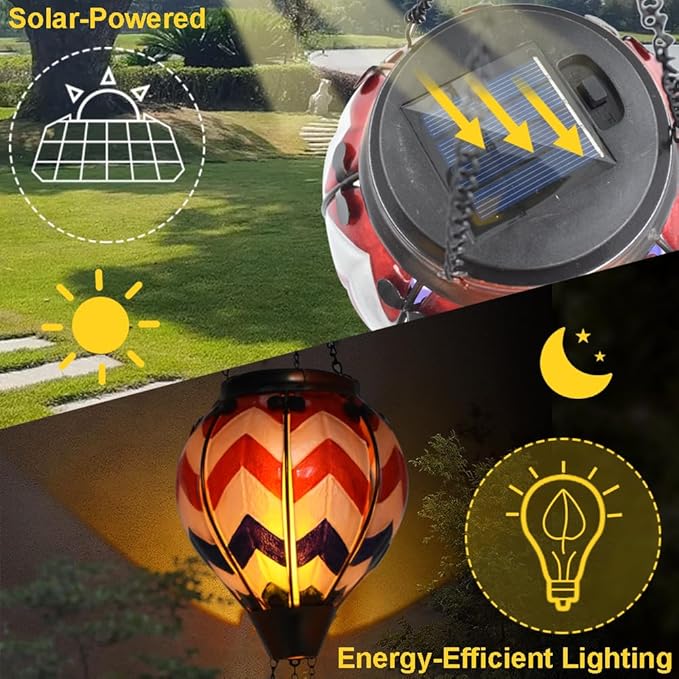 Hot Air Balloon Solar Lantern with Flickering Flame, Glass Hanging Garden Lights Outdoor Waterproof for Tree Yard Patio Mother's Day Gift, 18" H Wavy-Blue Red White