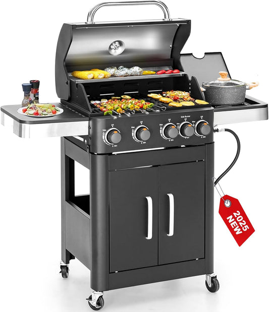 2 in 1 Propane Gas BBQ Grill with Side Burner & Porcelain-Enameled Cast Iron Grate, 4-Burner Flat Top Griddle, 46,700 BTU Outdoor Barbecue Propane Griddle Grill Combo for Camping, Patio, Backyard