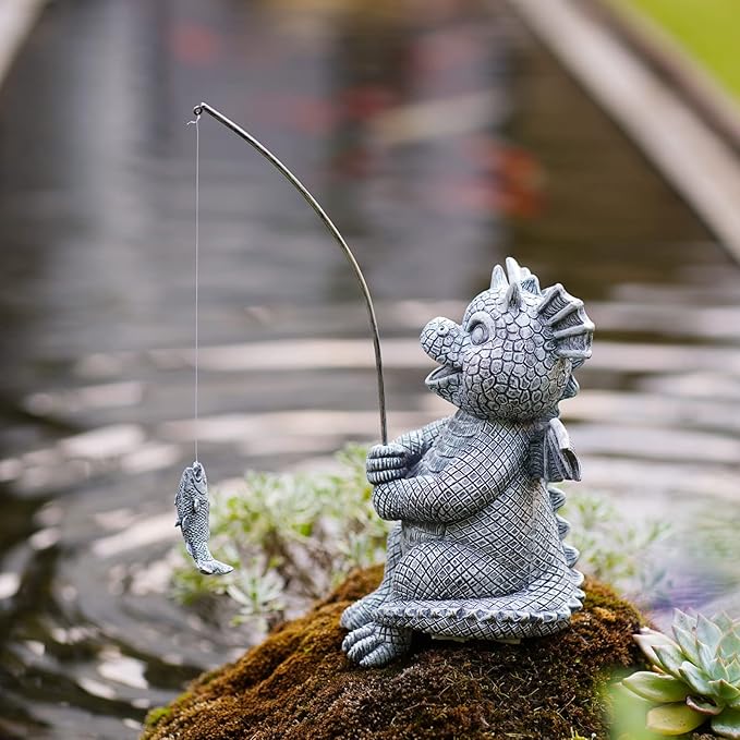Goodeco Dragon Statue Garden Decor - Adorable Baby Fishing Dragon Figurines Outdoor Statues for Koi Pond/Fairy Garden Accessories,Gardening Gifts for Women 5.1 * 8.5 in
