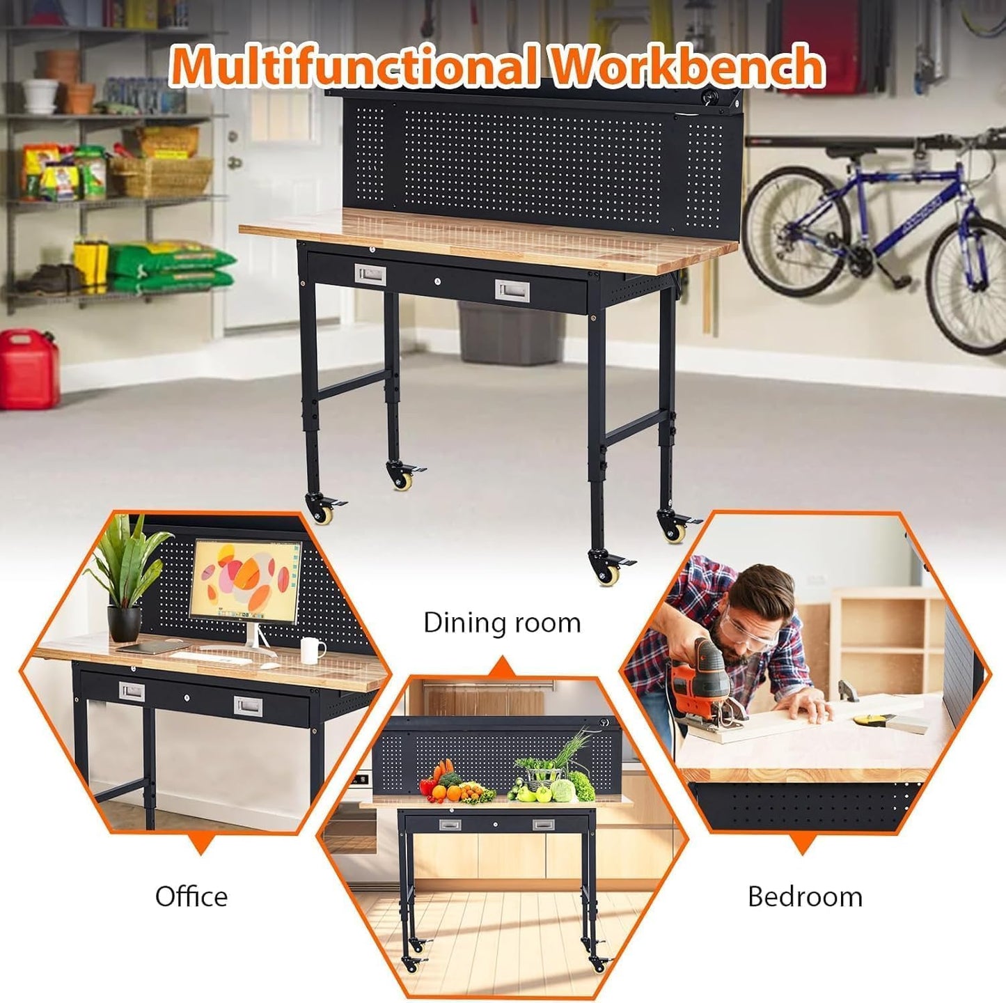 60-Inch Garage Workbench with Wheels, Adjustable Rubber Wood Top Garage Workbench with Pegboard & Drawer & Power Outlet, 2000 lbs Load Capacity, for Workshop, Woodworking, Office