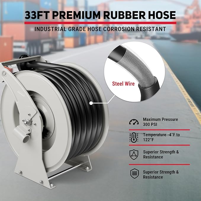 Fuel Hose Reel, 1" x 33' Diesel Fuel Reel with Refueling Nozzle, 300 PSI Heavy-duty Steel Construction Used for Aircraft Ship Vehicle Tanker Truck
