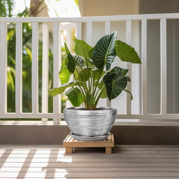Flower Pot for Indoor Plants - Ceramic Planter 11 Inch Plant Pot with Drainage Hole and Saucer Large Decorative Planter Outdoor Mid-Century Planter for House Decor Silver