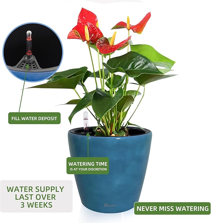 Dexceder 11x10 Inches Self Watering Planter Indoor Outdoor, Inner Pot Design, Thickened Table Flower Plant Pot with Water Level Indicator (Peacock Blue Gradient)