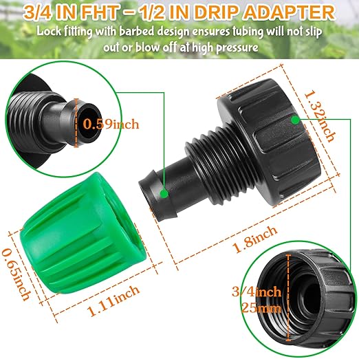 3/4 Inch Female Pipe Thread to 1/2 Inch Drip Irrigation Tubing Adapter: 8 Pieces 1/2 in. Barbed Drip Line x 3/4 in. Faucet PVC Adapter Connect 3/4" FHT Faucet, Sprinkler Manifold, Garden Hose