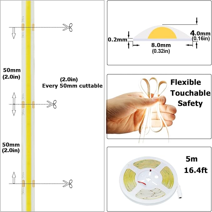 24V COB LED Strip Light Natural White 4000K 5M/16.4ft 2400LEDs Waterproof IP65 Uniform Glow CRI 93+ Flexible LED Tape Lights for DIY Cabinet Bedroom Kitchen Home Decor(No Power Supply)