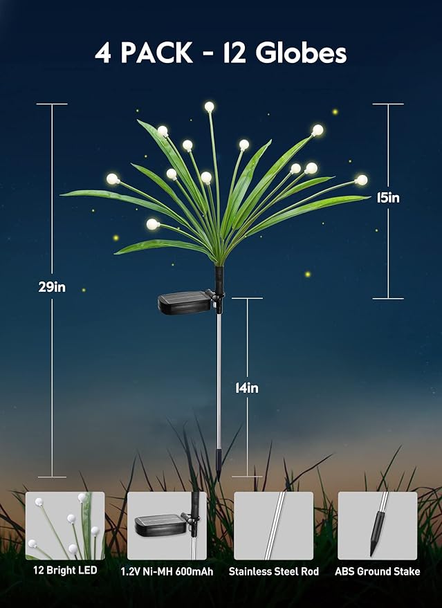 4 Pack 48 LED Solar Firefly Lights with Leaves, Solar Garden Lights Outdoor Decoration with 2 Lighting Modes, Waterproof Solar Outdoor Lights Decorative, Solar Lights for Outside Pathway, Warm White