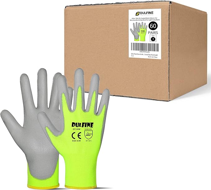 DULFINE Safety Work Gloves for Men PU Coated 60 Pairs Bulk Pack,Hi-Vis Yellow Seamless Knit Glove with thin Polyurethane Coated Smooth Grip on Palm & Fingers,Ideal for General Duty Work (XX-Large)