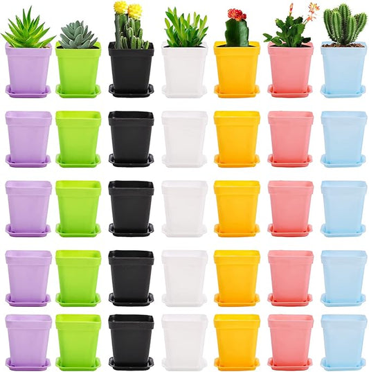Hedume 70 Pack Mini Plastic Flower Seedling Nursery Pot with Pallet, 3" Colorful Square Plant Pot, Indoor Outdoor Flower Plant Container, Decor for Room, Garden, Office and Balcony (7 Colors)