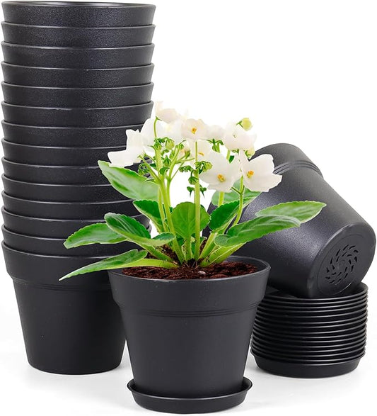 4 inch Small Plastic Nursery Pots, Seedling Pots - 16 Pack Plant Pots for Indoor & Outdoor Plants, Decorative Flower Pots with Drainage Holes and Saucers, Black
