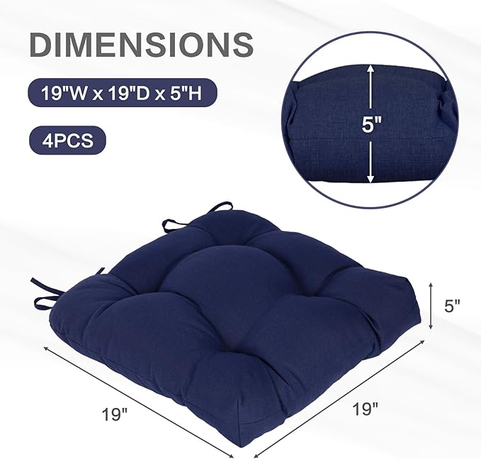 Aoodor 19" x 19" x 5" Tufted Outdoor Chair Cushions, Water Resistant & Fade Resistant Polyester Dining Chair Pads with 2 Straps for Patio Furniture, Set of 4