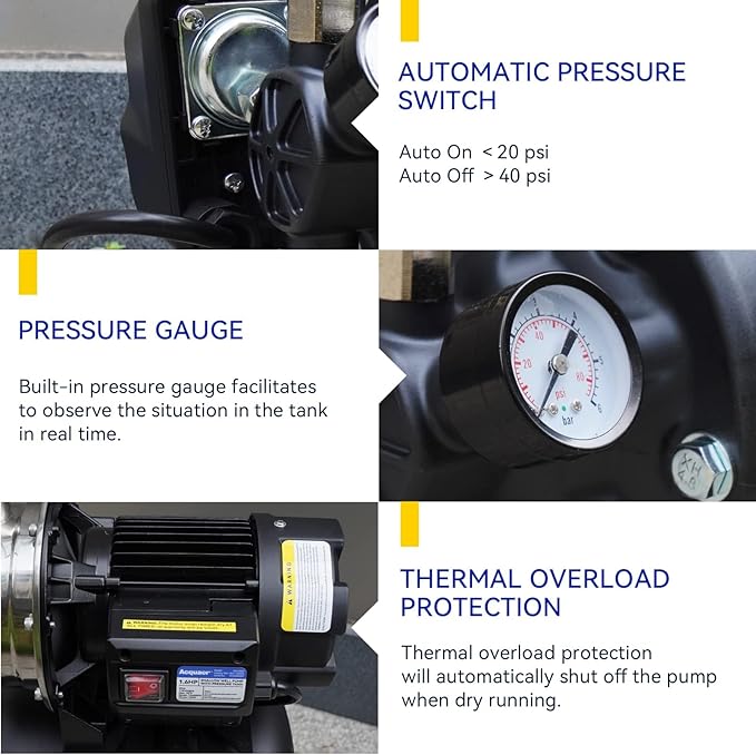 Acquaer 1.6 HP Shallow Well Pump with Pressure Tank, Stainless Steel, 1320 GPH 115V Irrigation, Automatic Water Booster Jet Pump for Home, Garden, Lawn