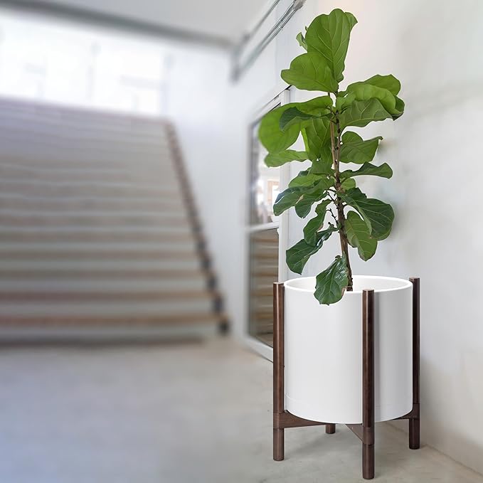 D'vine Dev Planter Pot with Stand - 16 Inch Plastic Cylinder Flower Pot with Wood Planter Holder for Indoor, Matte White Pot + Walnut Color Stand, 55-C-X-1