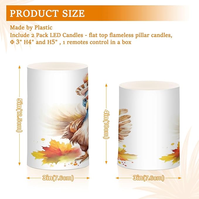 Flickering Flameless Candles, Cute Turkey Thanksgiving Pumpkin LED Candles with Remote Timer, Set of 2 Battery Operated Candle for Valentine Wedding Birthday